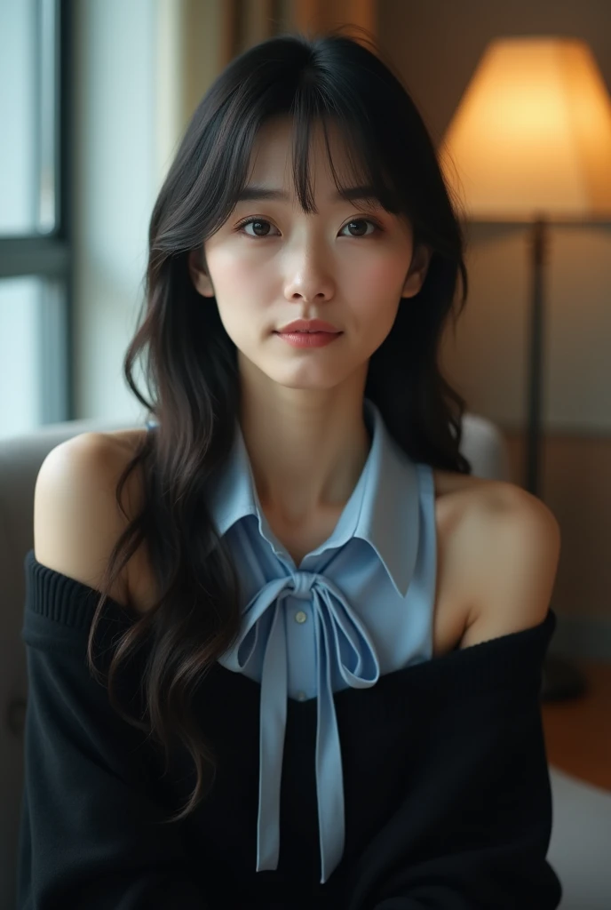 (japanese woman:1.5), 30 y.o, detailed face and eyes, (8k, RAW photo, best quality, masterpiece:1.2), (realistic, photo-realistic:1.37), ultra-detailed, ultra high res, high quality, high resolution, very detailed, office room, ((black off shoulder straigh...