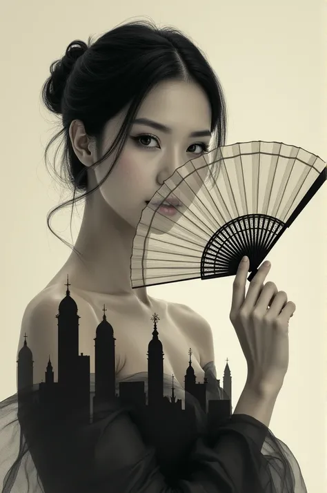 Superb woman with a fan that covers half of her face ,  the fan creates the shape of buildings in its lower part 