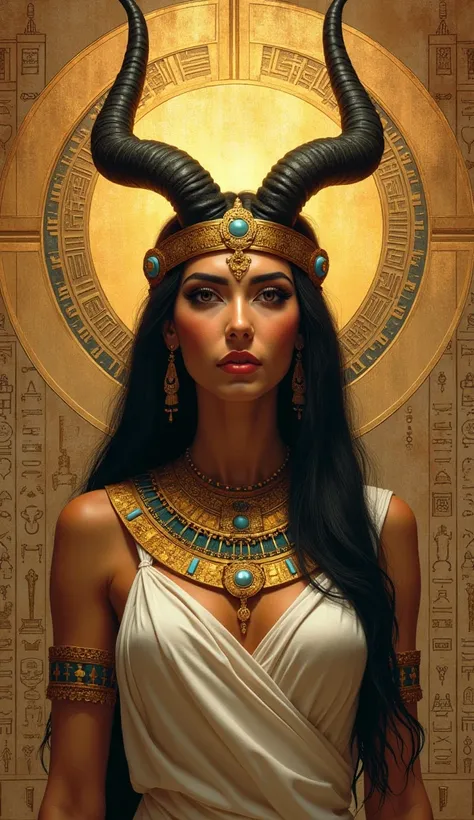 Egyptian goddess Tasenetnofert Woman wearing a hathoric crown with lyriform horns on her head in the pantheon 