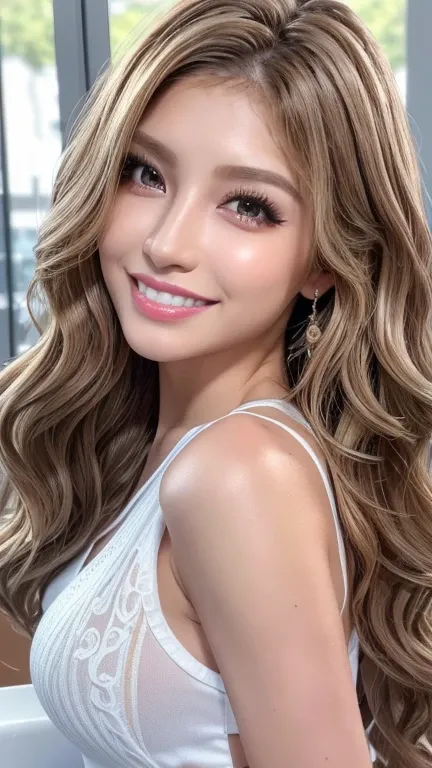 ((Best Quality,   table tops,   Ultra High Definition、Most Intricate and Detailed Description 1 .5),(Beautiful woman:1.8)、(Very Light Brown Wavy Hair:1.8), (  accurate anatomy:1.1)、    Colored Contact Lenses  、  Fully effective  、  natural lips、 High Satur...