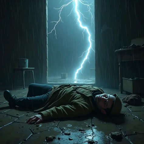 A man in low-income Victorian clothing unconscious on the floor in a thunderstorm