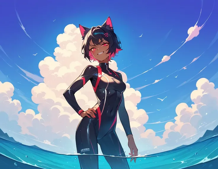 Masterpiece, (best quality), (highest quality), Anime, Beach, 1girl, solo, tight swimming bodysuit, short hair, dark skin, cat girl, best girl, best body, blushing, sweaty, evil smirk, 4K, highest resolution, best upscale,