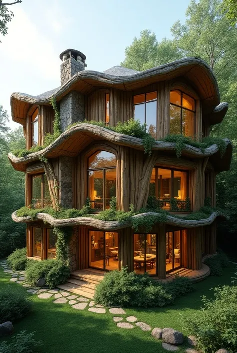 Create a house that is an octagon and 8 sides 8 facades that are based on caring for nature with materials such as wood or glass