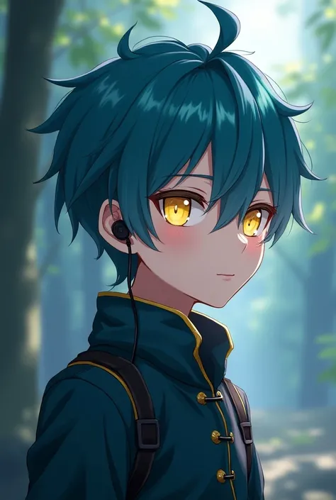 Make an aquamarine anime boy character who likes listening to music wearing his airpods. He looks very handsome and very majestic. His eyes are yellow. The hairstyle is very handsome. Chibi version