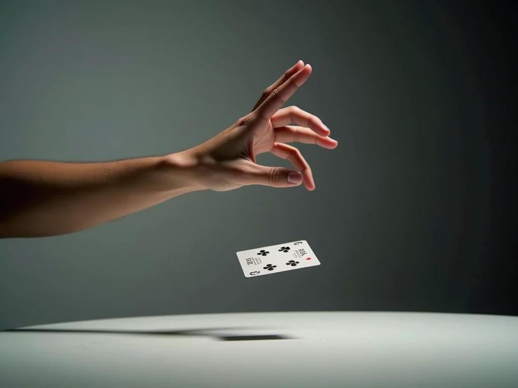 image focusing an arm in the air with a playing card going to throw it on a table