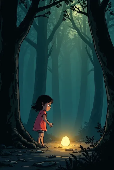  cover for a comic book with these details and typography, It is called  "  The Discovery" Element Description
Script 	" The scene shows a girl in the woods ,  indications surprised to discover a shiny stone on the floor.  Something seems to observe her fr...