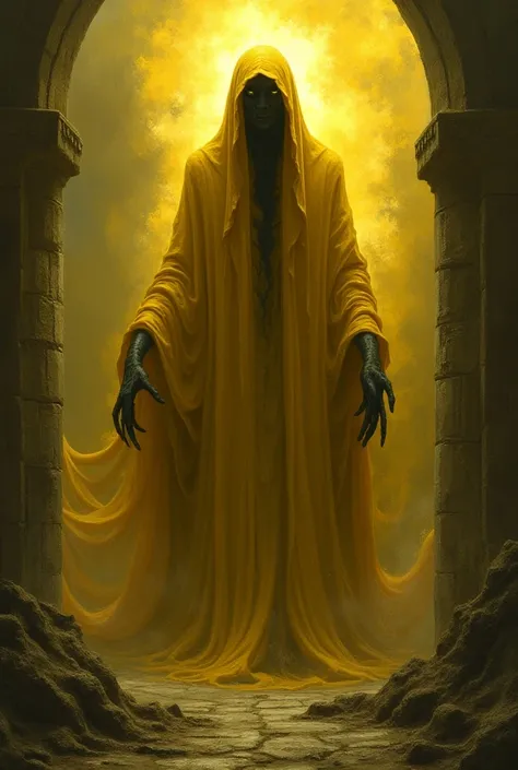 Hastur, King in Yellow. Humanoid entity with yellow hood, no face visible, tentacles protrude from under its clothing. Horror, sobrenatural, in the strange dimension, cosmic horror, terror, Arte Renacentista, Francisco de Goya, epic scene 