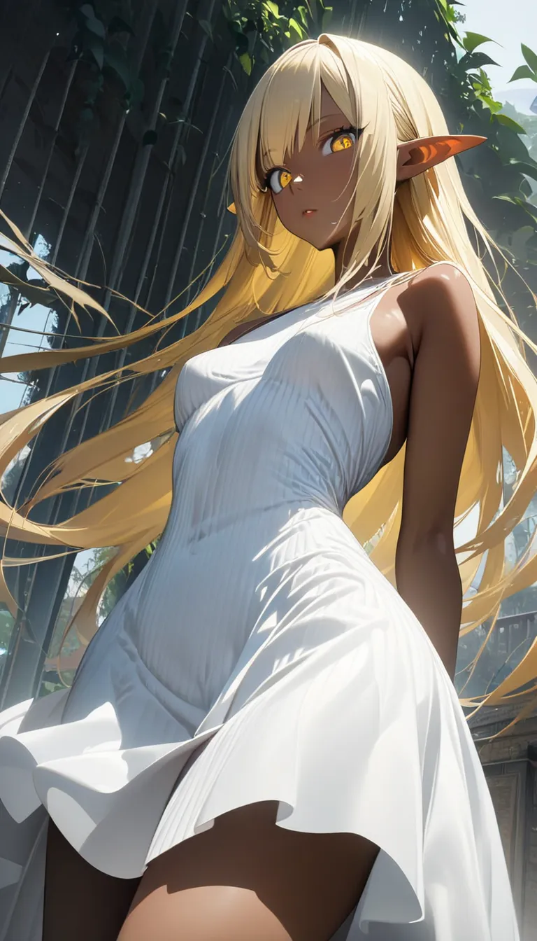 1 girl, alone, small breasts,  viewers from below,  wide hips, i々i have, long hair,  blond hair, pointy ears,  yellow eyes, (dar...