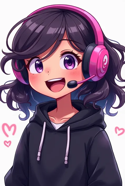 cartoon girl, Alone, Wavy hair on the shoulder move purple lips full smile contagious pink gamer headset and black hoodie 