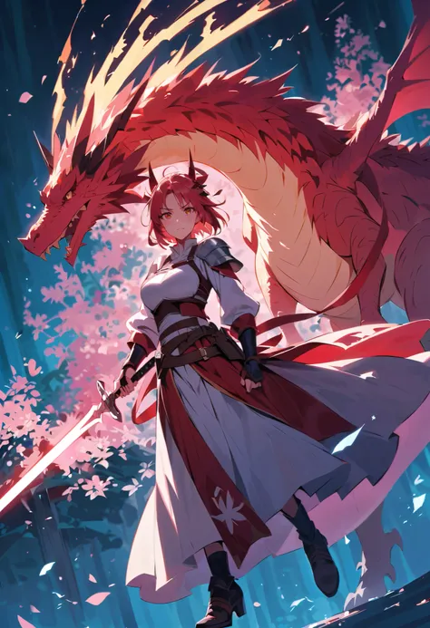 strong emotions, Sakura, dragon, short hair, light, focus, dragon Tamer, full body , horns on head, com um filhote de dragon ns braços, full ,body , half Lightersaber sword blade, , fantasy uniform, armor,  tall 