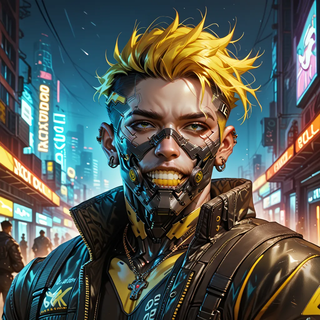 cyborg, 1_man_cyberpunk_2077, barghest, neon yellow and black techwear, bulky dude in a post apocalyptic las vegas, neon yellow ...