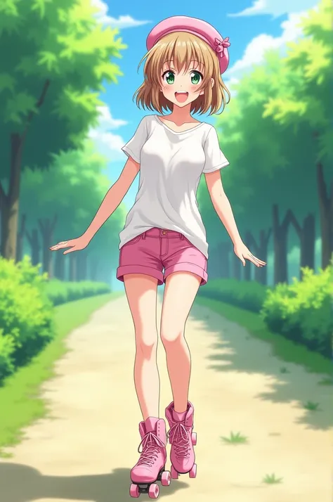 Sakura Kinomoto anime woman smiling short brown hair green eyes pink shorts white blouse pink beret pink skates walking around the park full body anime style 