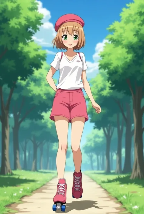 Sakura Kinomoto anime woman smiling short brown hair green eyes pink shorts white blouse pink beret pink skates walking around the park full body anime style 