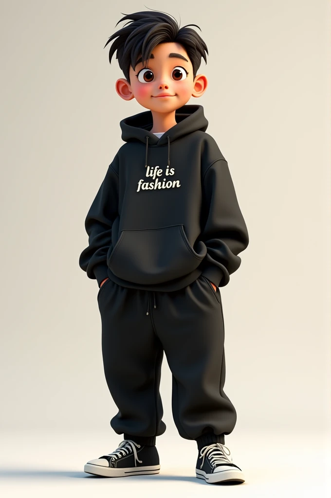 Animated boy with his hands in his pocket 
Wearing black baggy sweatpants with a black hoodie that’s says Life Is Fashion embroidered on with his hands in his pocket 