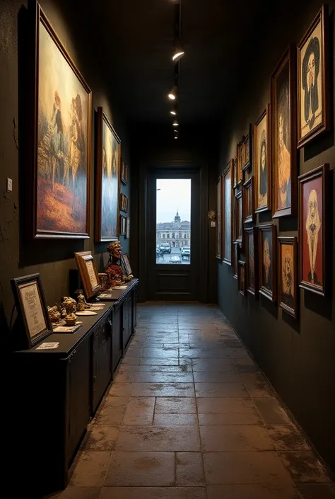 Very very narrow narrow corridor that leads to a glass door ,  one of the corridor walls must be decorated with heritage paintings from Almada Portugal and theater items