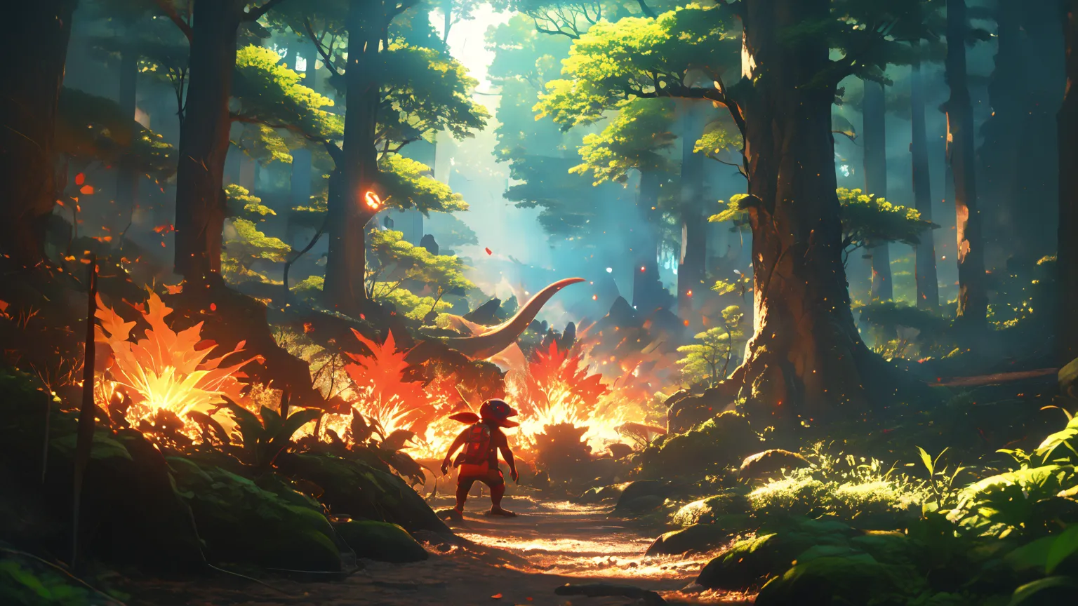 anime art, of a fire pokemon in a  forest, hes a lizard with a tongue of fire, the forest have web all over, synny day, sun flar...