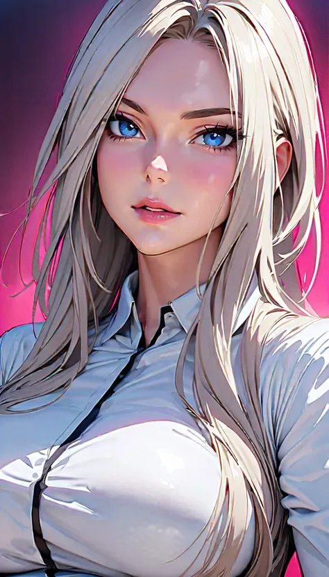 masterpiece , Modern, Verism, masterpiece,  super detail ,  Best quality , 4k ,(( adult face)), Women, Wearing a white coat ,Mature Women アメスク Rubia ojos azules 
Cabello azul,  American flat,  long hair ,  large breasts,  blue eyes ,career_Reina Nurse Sexy...