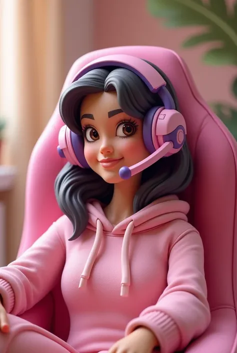 A Brazilian cardboard-style woman with wavy hair on her shoulders and purple wiggles with a gamer headset and seated in a pink gamer chair with a pink hoodie, brown eyes and a cheerful smile 