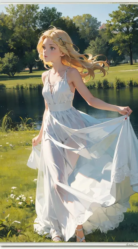 1girl, petite, blonde hair, green eyes, tied hair, white dress, long dress, princess, castle, very colorful, prism style