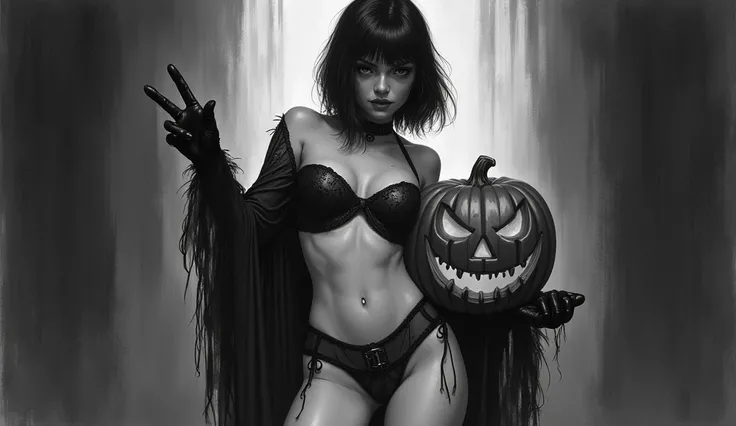 Create a beautiful sensual girl who wears an extremely short erotic halloween costume, this girl carries a scary pumpkin, the girl has a provocative face and has bob hair. The girl is in an exciting position, the girl is making a sign with 3 fingers. In bl...