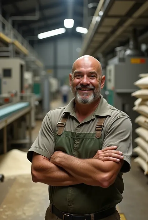  An image of a semi-bald worker, smiling and sweaty ,  with an expression of pride . Behind him,  shows a company processing corn flour ,  with a visible industrial environment .  Surrounded by equipment and machinery related to the corn processing industr...