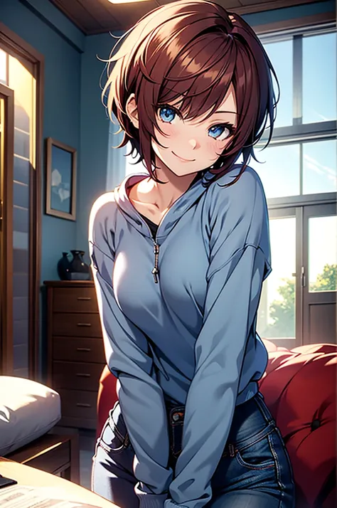 Anime girl with very short dark red hair in a pixie cut, beautiful blue eyes, a casual blue sweatshirt, blue jeans, smiling shyly, set in a bedroom, unobstructed shot, open view
