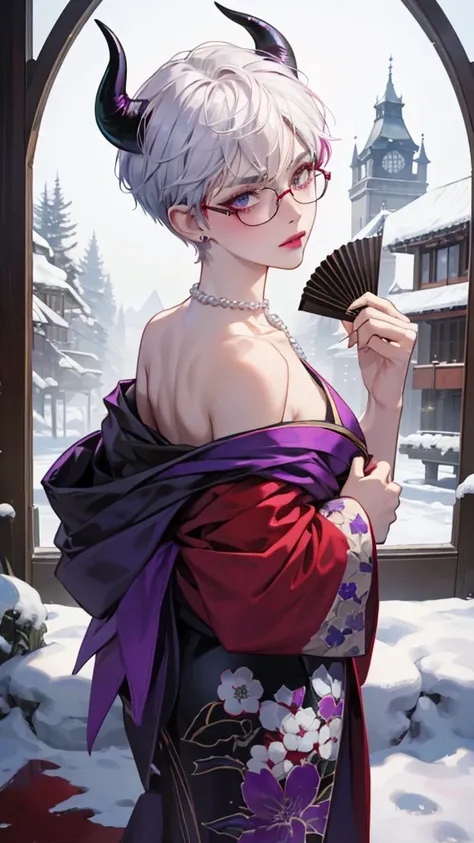 8k, masterpiece, best quality, highly detailed, 1 girl, devil, demon horns, warlock, pixie cut, white hair, multicolored hair, very short straight hair, red highlight hair on white hair, stippled hair, wearing glasses, round glasses, earrings, red eyeshado...