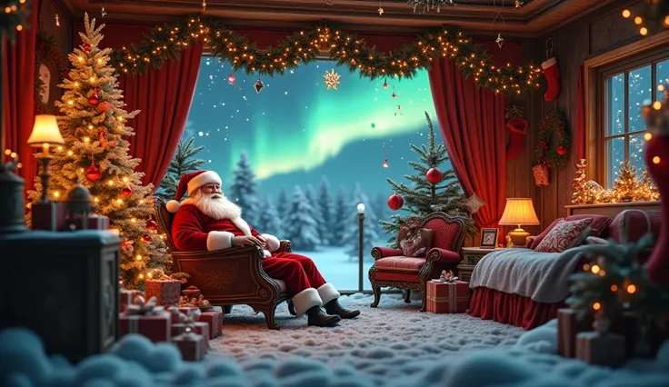 Santa Claus room at the north pole full of Christmas decorations. Realistic, cinematic photo