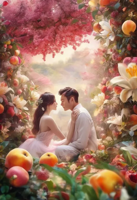 Best Quality, masterpiece, ( Hi-Res,  several people having fun with each other while having very detailed :1.2),  Movie Lighting,  bright colors ,
(White lily flower)、(flower), Light Pink Background, Bokeh.(Pomegranate :1.3)、peaches and lots of white flow...