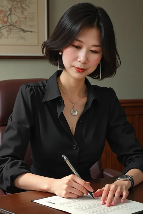 ((Unparalleled, masterpiece, Best Quality)), Monbod  ,  Japanese Wife 、 short hair, 50-year-old woman, Beautiful appearance,  smaller breasts, (Small breasts:1.2), black long sleeve shirt , A long skirt with a slit, Im sitting on a table and chair 、( sitti...