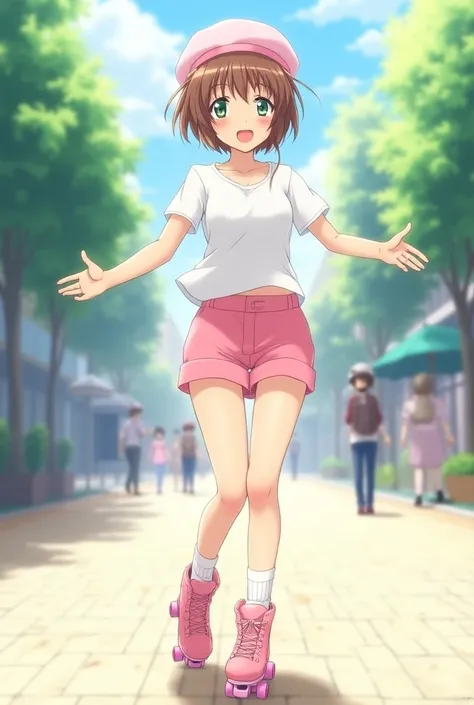 Sakura Kinomoto anime woman smiling short brown hair green eyes pink shorts white blouse pink beret pink skates walking full body anime style 