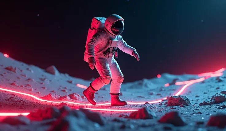 An astronaut jumping on the surface of the Moon, immersed in a vibrant atmosphere that evokes the spirit of electronic music. The astronauts costume is decorated with LED lights in shades of red and black, creating a futuristic and dynamic effect. The scen...