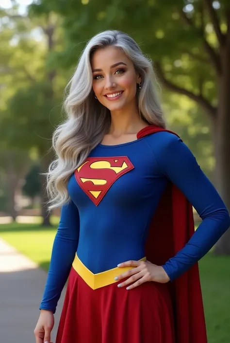 Extremely photorealistic A beautiful youthful looking gray haired Ariana Grande as a 50 years old older version of supergirl with long her completely gray hair in a big curls styles as the superhero supergirl wearing a supergirl costume she is smiling for ...