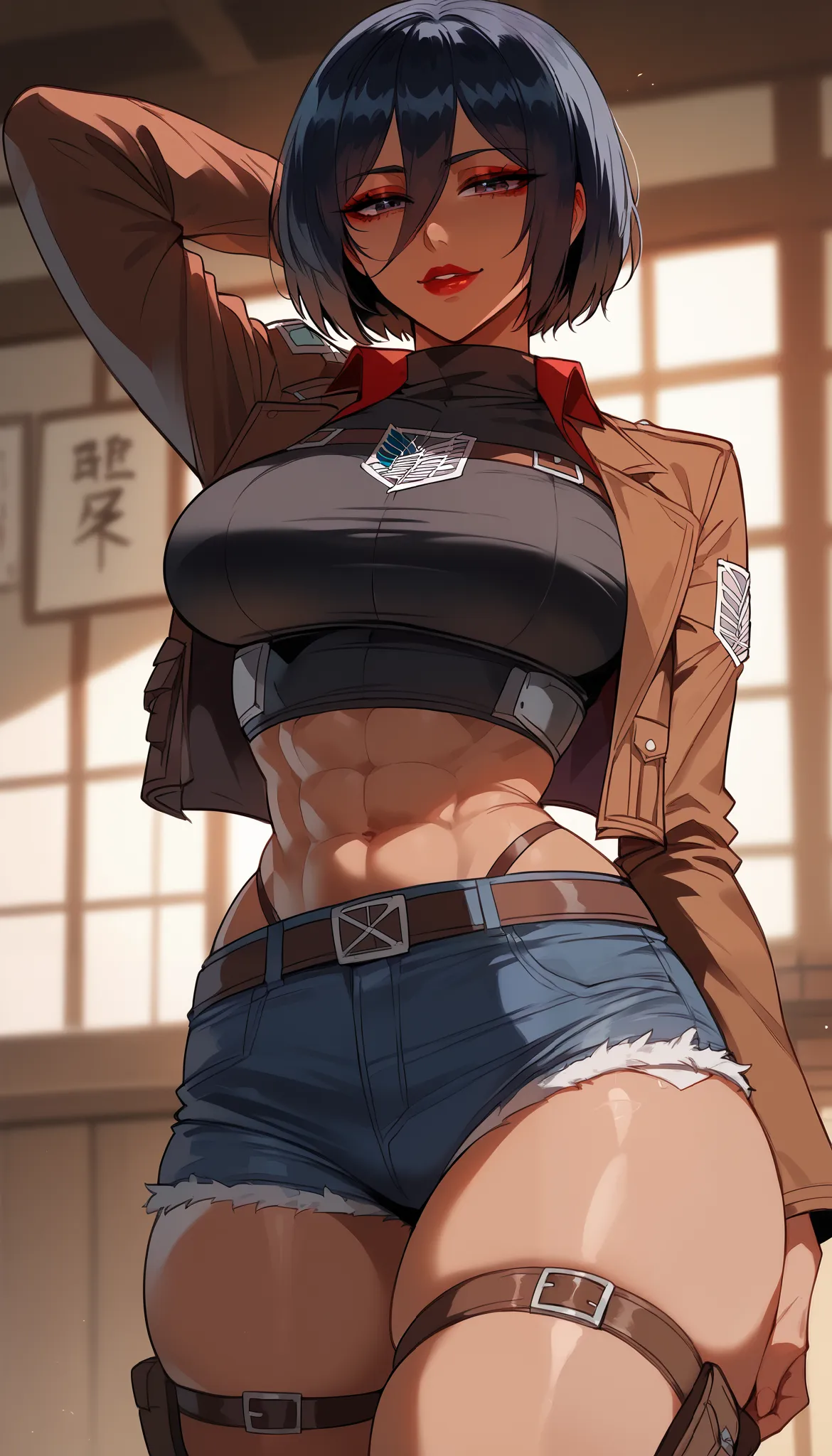 perfect eyes、 perfectly sexy face、ultra detailed、 mikasa ackerman、attack on titan、shiny hair、( big breasts ), black shirt、black ...