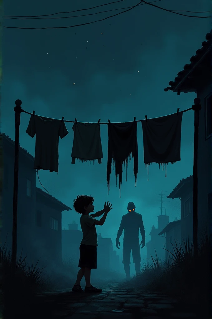 A boy picking up clothes on the rope in the dark night and a Zombie appears 