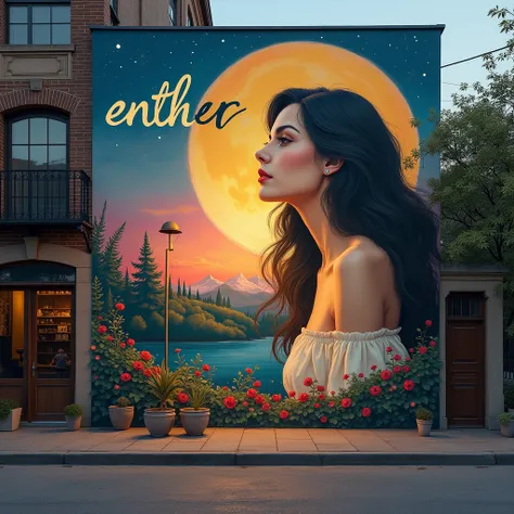 60s style poster; A large panel on the wall of a building, with the painting of a beautiful woman in the moonlight; Realistic,  multicolored, Draw the word "Enther"  framed with a Key.