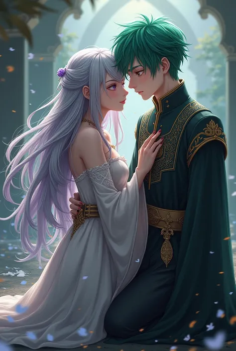  Beautiful girl with long silver hair and purple eyes, herida, where the .. Boy with green hair and golden eyes , priest&#39;s dress,  kneeling next to him.