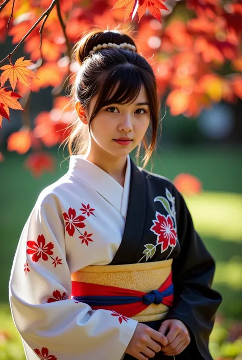 A person wearing a traditional kimono stands amidst vibrant autumn foliage. The kimono features a white base with red floral patterns on one side and a darker, possibly black or dark grey, fabric on the other side. Their hair is styled in a loose, slightly...