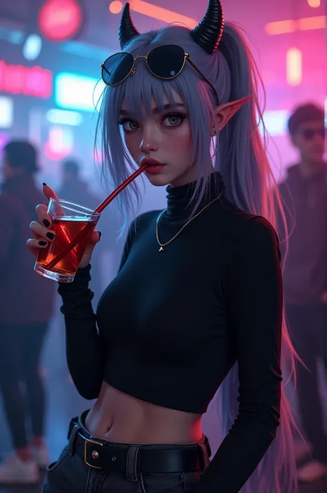 demon girl, Grey blue hair , black turtleneck t-shirt , black cargo pants ,white tennis shoes, sunglasses, drinking in a nightclub, many colored lights