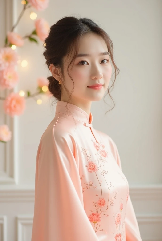 4k high definition image of a woman wearing a very beautiful and gorgeous Vietnamese ao dai. The ao dai looks very delicate. Behind is a white stage wall with peach flowers on the wall. The lighting is realistic and clear
There are shimmering lights
Surrea...