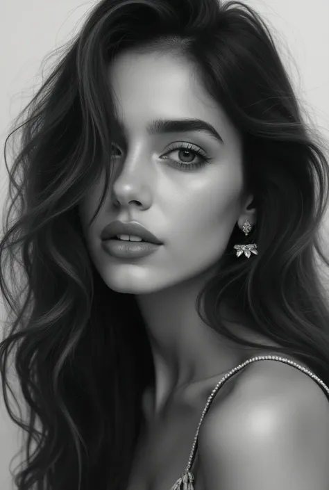  a black and white photo of a woman with long hair, portrait oftalhado e bonito, beautiful digital art, Realistic painting of cute girl, portrait of rosto lindo, portrait of beleza detalhado, portrait of ,  Beautiful digital illustration , digital pencil p...