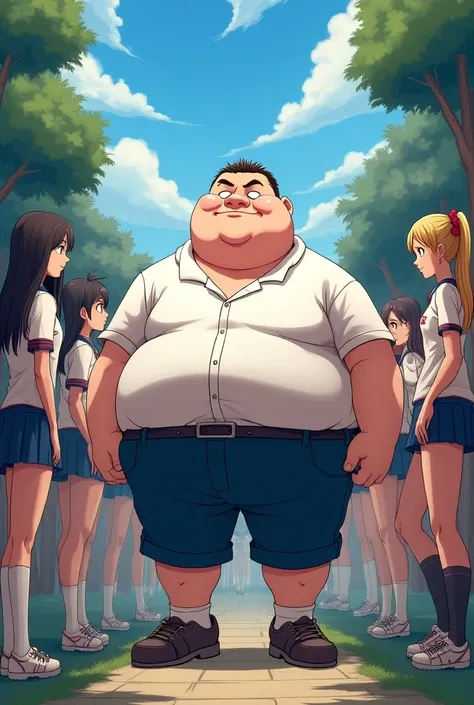 Anime isekai “CEPE NO KAMI”, cover with title, the protagonist is an obese adult male character, in the background are girls wearing school clothes and girls wearingnsport clothes, text with the words “CEPE NO KAMI” in the cover