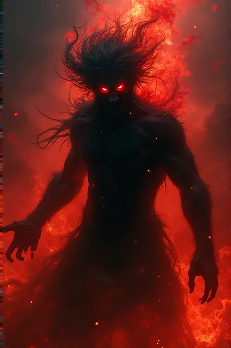 " A shady demonic-looking character with bright red eyes,  surrounded by flames and dark smoke emanating from his body . His figure is dark ,  and his messy hair rises upwards ,  forming shadows that blend with fire .  The background is in intense shades o...