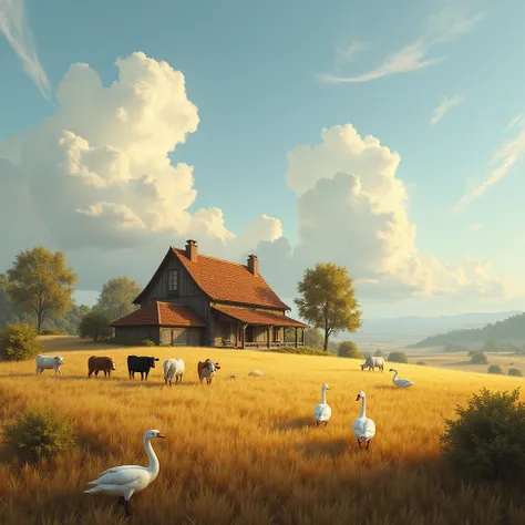 Early Renaissance-style natural image, of a beautiful village with farmhouse, with yellow field of wheat with a few swans and cows and blue sky