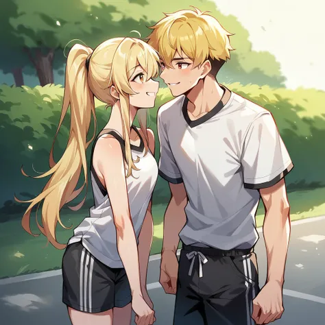 "An anime-style digital illustration of a young, blonde girl with long hair, a shy, smiling expression, wearing a white sports shirt with red accents and black sports shorts with stripes on the side. The scene takes place in a wooded park with soft light a...