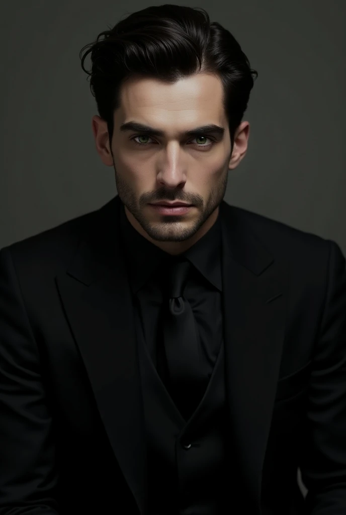 Man with black hair and green eyes in a black suit 