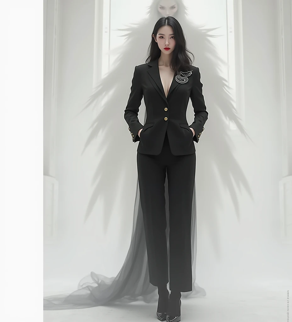 ( real photo :1.5), (( best quality )), ((masterpiece)), ( Detailed ),  Korean girl1명(25 years old,  Korean girl ,An evil snake pattern is engraved on Angs office suit ,,  clear, white face , , , Red eyes, Long hair,  perm hair,V characters , Look straight...