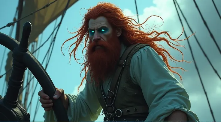 At the helm is pirate captain Grimshaw, a tall, imposing figure with a beard and red hair, his hair has long dreadlocks with tattered, ghostly clothes waving in the wind. His eyes glow faintly with a spectral blue light, and his form is slightly translucen...