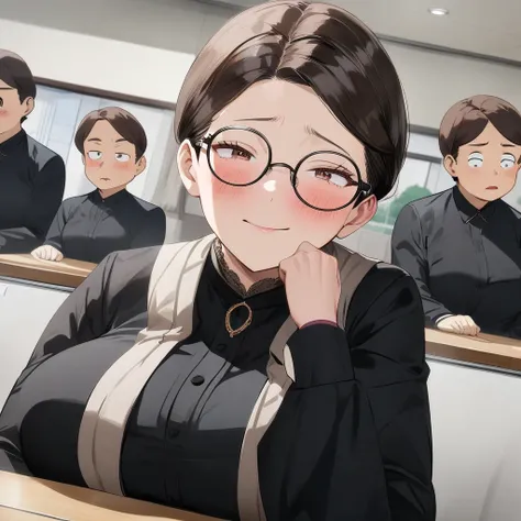 1 female, mature lady, ((blushing)), ((shy expression)), long brown hair, brown eyes, long eyelashes, large breasts, eyeglasses, black blazer, (in a classroom), (half-body image:1.3), masterpiece, ultra HD, anime style, (my hero academia art style)