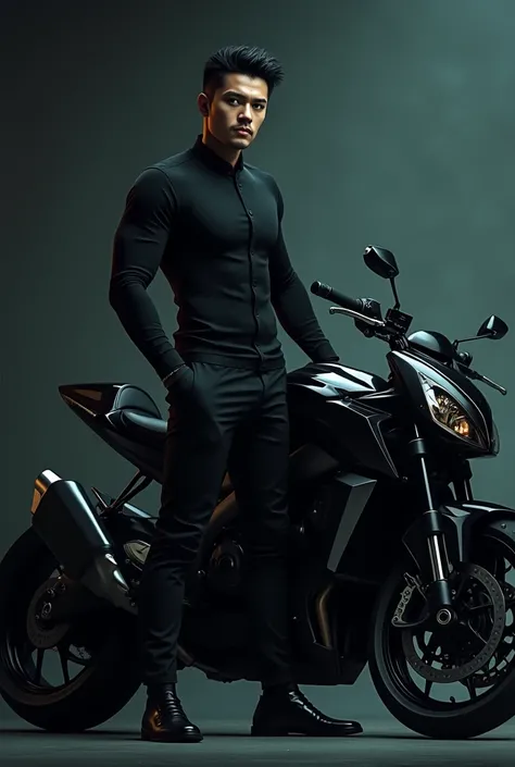 Man with black hair and heterochromatic eyes dressed in black clothes next to a black racing motorcycle 